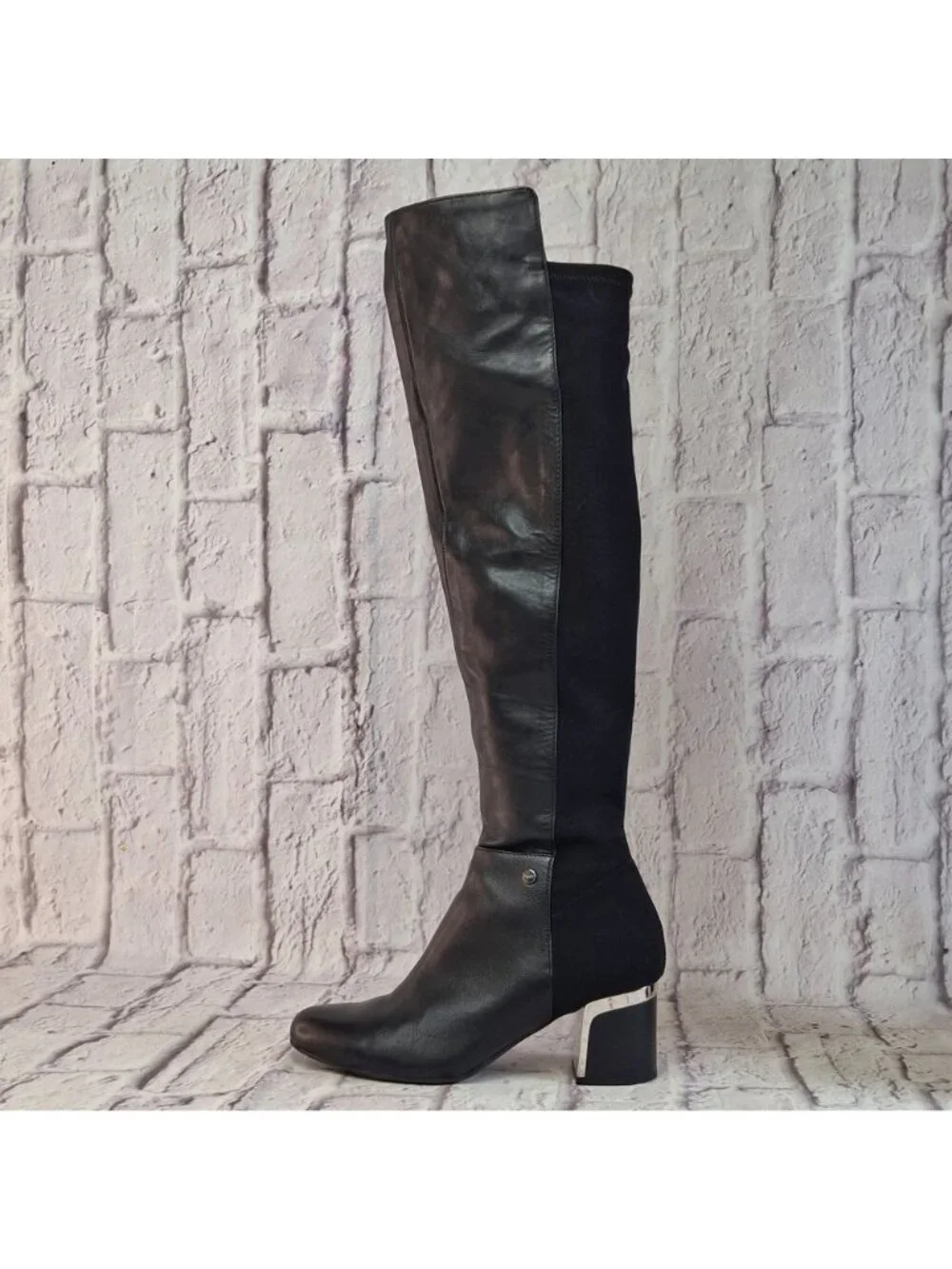 DKNY Over The Knee Boots Womens Size 7M Black Leather & Textile With Block Heel